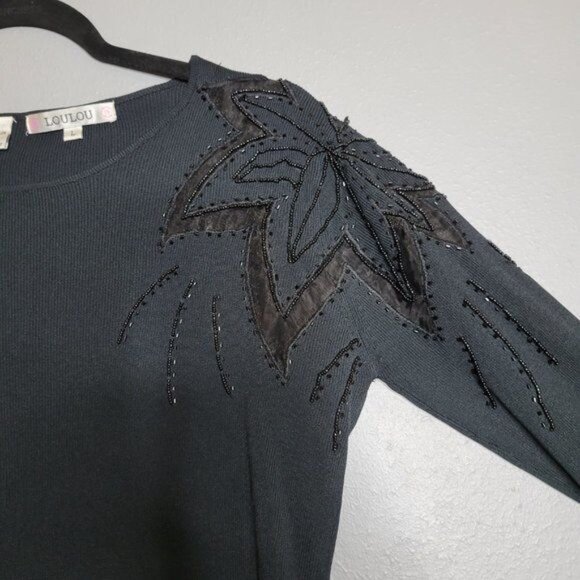 Vintage Fitted Ribbed Applique Beaded Shoulder Detail 3/4 Sleeve Black sz L - Picture 4 of 7